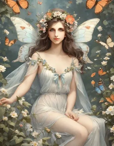 faerie,faery,flower fairy,fairy queen,butterfly background,vintage angel,julia butterfly,garden fairy,fairy,white butterflies,diwata,persephone,the angel with the veronica veil,white butterfly,butterfly white,butterfly floral,ostara,fairie,little girl fairy,baroque angel,Digital Art,Classicism