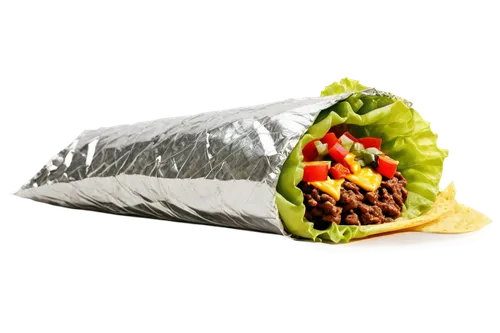 Mexican food, burrito, solo, wrapped in aluminum foil, beef and cheese filling, green lettuce, diced tomatoes, sour cream, salsa, crispy tortilla, close-up, shallow depth of field, warm color tone, ap