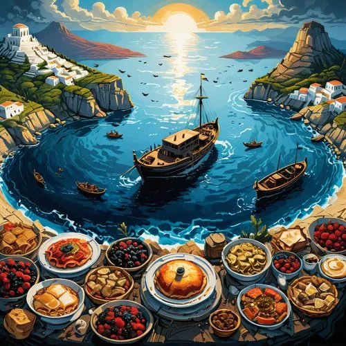 sea foods,mediterranean cuisine,bahian cuisine,sea food,sicilian cuisine,paella,picnic boat,boat landscape,turkish cuisine,greek food,mediterranean,portuguese galley,mediterranean food,pirate treasure,mediterranean sea,seafood counter,sea landscape,fruits of the sea,gastronomy,tapas,Illustration,Realistic Fantasy,Realistic Fantasy 25