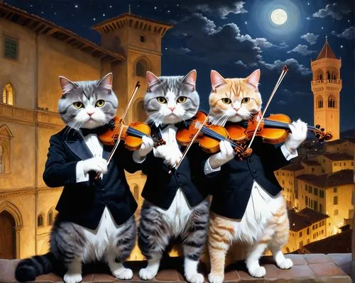 three Persian cats in formal suits play violins on a clear night,orchestra,symphony orchestra,violinists,orchesta,philharmonic orchestra,musical ensemble,oktoberfest cats,musicians,violin family,conce