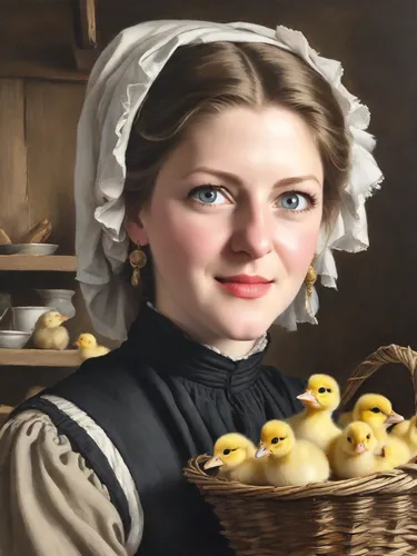 girl with bread-and-butter,duck females,woman holding pie,jane austen,female duck,girl in a historic way,cockerel,pilgrim,portrait of a hen,laundress,oil painting,bornholmer margeriten,vintage female portrait,oil painting on canvas,dove of peace,ducklings,milkmaid,young woman,female nurse,housekeeper