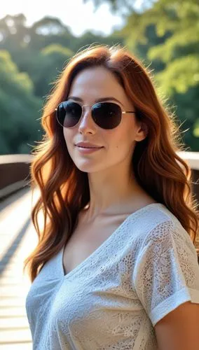 a beautiful young woman wearing black sunglasses and white top,sunglasses,paparizou,sun glasses,the girl at the station,rail way,railroad track