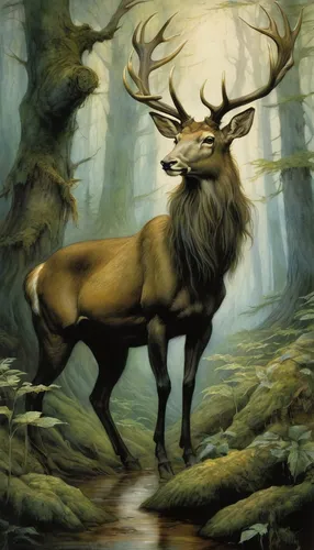 Describe the majestic beauty of cervus elaphus in a serene forest setting.,elk,manchurian stag,elk bull,deer illustration,stag,pere davids deer,bull elk resting,red deer,forest animal,landseer,europea