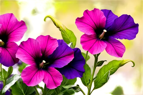 Petunia flowers, colorful blooms, trumpet-shaped, delicate petals, soft pink, vibrant purple, bright yellow, green stems, leafy background, shallow focus, natural light, warm colors, 3/4 composition, 