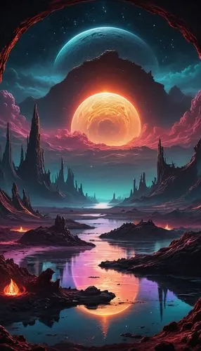 fantasy landscape,alien planet,futuristic landscape,alien world,fire planet,lunar landscape,vast,space art,planet alien sky,meteor,volcanic landscape,volcanic,fantasy picture,planet,dreamscape,fire background,earthlike,mushroom landscape,landscape background,lava,Illustration,Realistic Fantasy,Realistic Fantasy 40