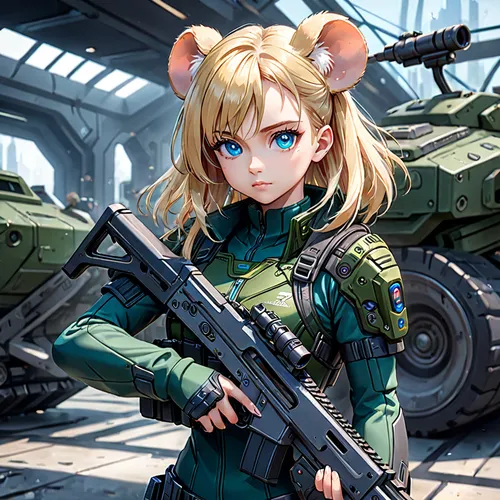  girl, Mouse, blonde with blue eyes, futuristic, dark green military skin tight outfit, holding a rifle,panther,amurtiger,heavy object,harbin z-9,belarus byn,fennec,canis panther,armored animal,asuka 