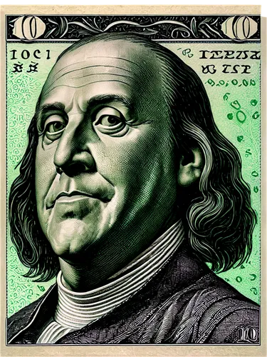 US $100 bill, Benjamin Franklin portrait, green and black colors, intricate patterns, watermarks, serial number, treasury seal, crisp paper texture, shallow depth of field, soft lighting, 3/4 composit