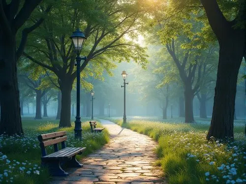 walk in a park,park bench,spring morning,tree lined path,evening atmosphere,pathway,morning mist,early morning,wooden bench,forest path,landscape background,world digital painting,bench,summer evening,morning light,wooden path,path,fantasy picture,early evening,sidewalk,Photography,General,Realistic