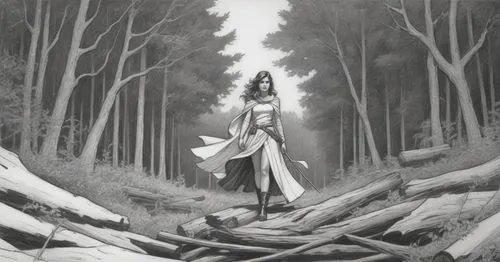 sketch, woman, forestry background, black and white,a drawing of a woman walking through a forest,vishwamitra,hecate,dryad,thingol,albedo,ballerina in the woods,Illustration,American Style,American St