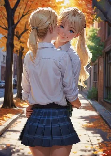 school skirt,two girls,autumn background,in the autumn,schoolgirl,autumn day,darjeeling,girl kiss,autumn walk,one autumn afternoon,autumn scenery,school uniform,autumn,autumn season,autumn taste,in the fall,the autumn,autumn light,autumn sun,autumn sunshine,Illustration,Paper based,Paper Based 05