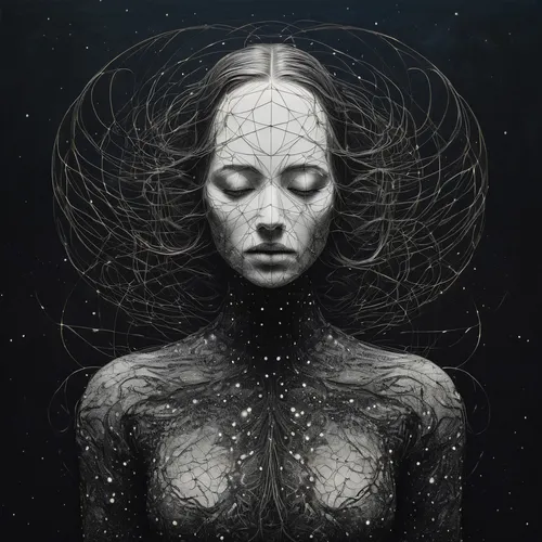 meridians,astral traveler,constellations,inner space,mystical portrait of a girl,transcendence,astral,mind-body,universe,andromeda,constellation,gemini,apophysis,becoming,consciousness,immersed,mysticism,equilibrium,sacred geometry,the universe,Illustration,Abstract Fantasy,Abstract Fantasy 18