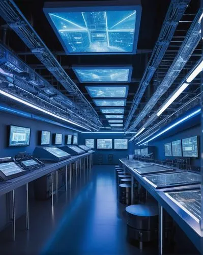 Futuristic stable interior, sleek metal beams, polished chrome surfaces, intricate circuitry patterns, holographic display screens, rows of humming servers, soft blue ambient lighting, gentle misting 