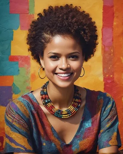 Gugu Mbatha, African girl, 18yo, short natural hair, dark skin tone, traditional clothing, colorful beads necklace, bold eyeliner, bright smile, sitting, crossed legs, raw artwork, abstract background