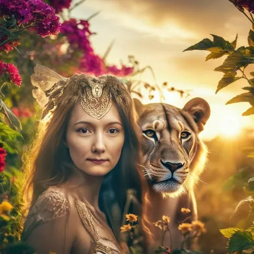 garden,woman with animal headdress in foreground and lion,margairaz,she feeds the lion,cersei,fantasy portrait,fantasy picture,cheetah,zira,lioness,freyja,photomanipulation,demelza,aslaug,fantasy anim