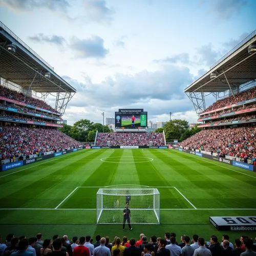 Green soccer field, white goalposts, vibrant crowd seating, modern stadium architecture, cantilevered roofs, large video screens, floodlighting systems, grassy berms, athletic track surfaces, spectato