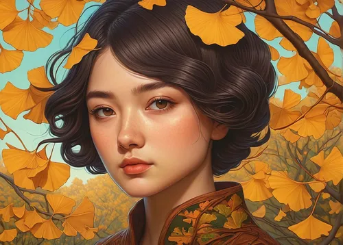 Write a melancholic poem about the beauty of ginkgo biloba trees during autumn.,fantasy portrait,golden autumn,yellow leaves,autumn icon,oriental girl,gold leaves,autumn gold,jasmine blossom,rosa ' am