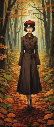 autumn walk,woman walking,autumn background,girl walking away,pilgrim,forest walk,adventure game,red riding hood,autumn theme,transistor,game illustration,red coat,autumn round,little red riding hood,the autumn,the wanderer,mystery book cover,hollow way,girl in a long,sci fiction illustration,Illustration,Realistic Fantasy,Realistic Fantasy 08