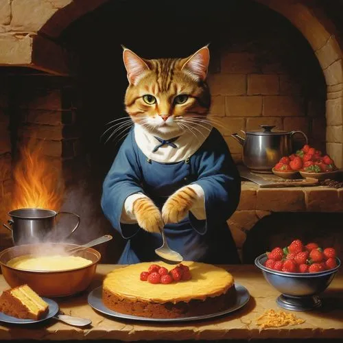 red tabby,gourmand,caterer,vintage cat,tea party cat,cookery,vintage cats,pastry chef,catroux,gourmets,kittleman,katzen,fondue,cat image,maometto,alberty,foodmaker,masterchef,chef,cucina,Conceptual Art,Fantasy,Fantasy 28
