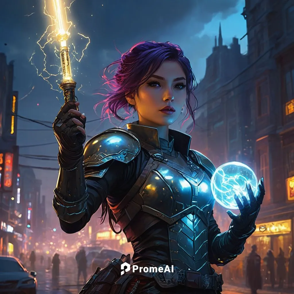 Hd detail, hd graphic, hd quality, HD 3D, cosmic light space armour cyberpunk city pretty girl enchantress anime girl holding light static light bolt storm in hand light bolt storm bubble speech . Mys