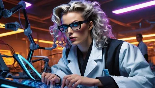 holtzmann,cyber glasses,female doctor,scientist,cyberpunks,biochemist,neuroscientist,synth,technologist,librarian,cosima,chemist,biophysicist,examined,microscopist,biologist,neon human resources,bioengineer,cyberpunk,geneticist,Illustration,American Style,American Style 05