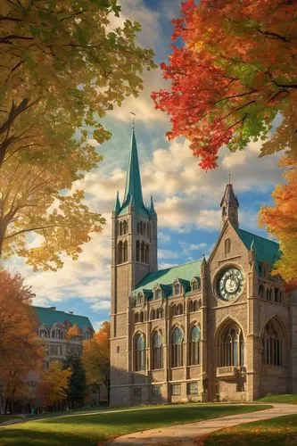 Modern UW architecture, grandeur building, stone walls, Gothic arches, stunning stained glass windows, intricate carvings, majestic clock tower, sprawling green campus, autumn leaves scattered, cloudy