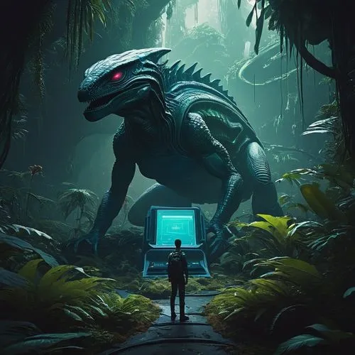 predator,komodo,sci fiction illustration,game illustration,encounter,cg artwork,scavenger,dino,dinosaur,world digital painting,ark,game art,predators,mentor,explorer,jurassic,rubber dinosaur,digital nomads,man with a computer,digital illustration,Conceptual Art,Sci-Fi,Sci-Fi 11