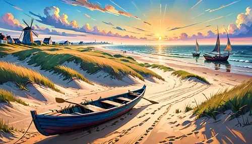 beach landscape,coastal landscape,fishing boats,sea landscape,boat landscape,sunrise beach,landscape background,cape cod,beach scenery,dune landscape,world digital painting,beautiful beach,fishing village,sunset beach,sailboats,sand coast,sailing boats,seascape,mountain beach,seaside resort,Anime,Anime,Cartoon