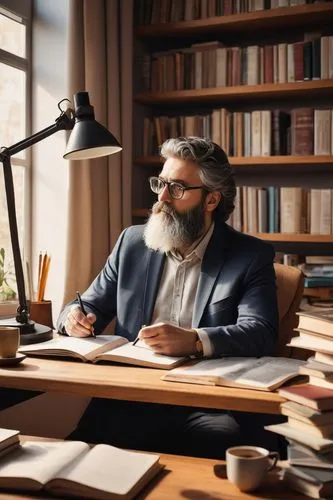 Architecture journal, academic setting, wooden desk, ergonomic chair, modern lamp, books stacked, architectural models, drafting tools, pencil case, coffee cup, professor figure, mature male, glasses,