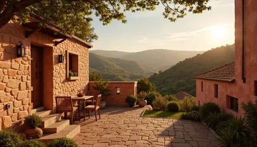 Warm earthy tones, sienna red hues, natural terracotta shades, rustic stone walls, vintage Italian architecture, rolling Tuscan hills, sun-kissed landscapes, golden afternoon light, soft warm shadows,