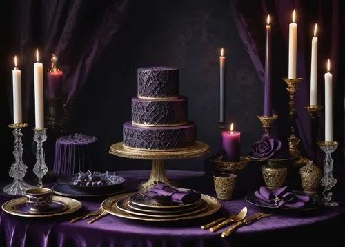 wedding cake,black candle,wedding cakes,tablescape,candlestick for three candles,a cake,wedding decoration,gothic style,the cake,purple and gold foil,candelabra,rich purple,dark purple,candelabras,purple and gold,candlelit,candle wick,handfasting,votives,place setting,Art,Artistic Painting,Artistic Painting 45