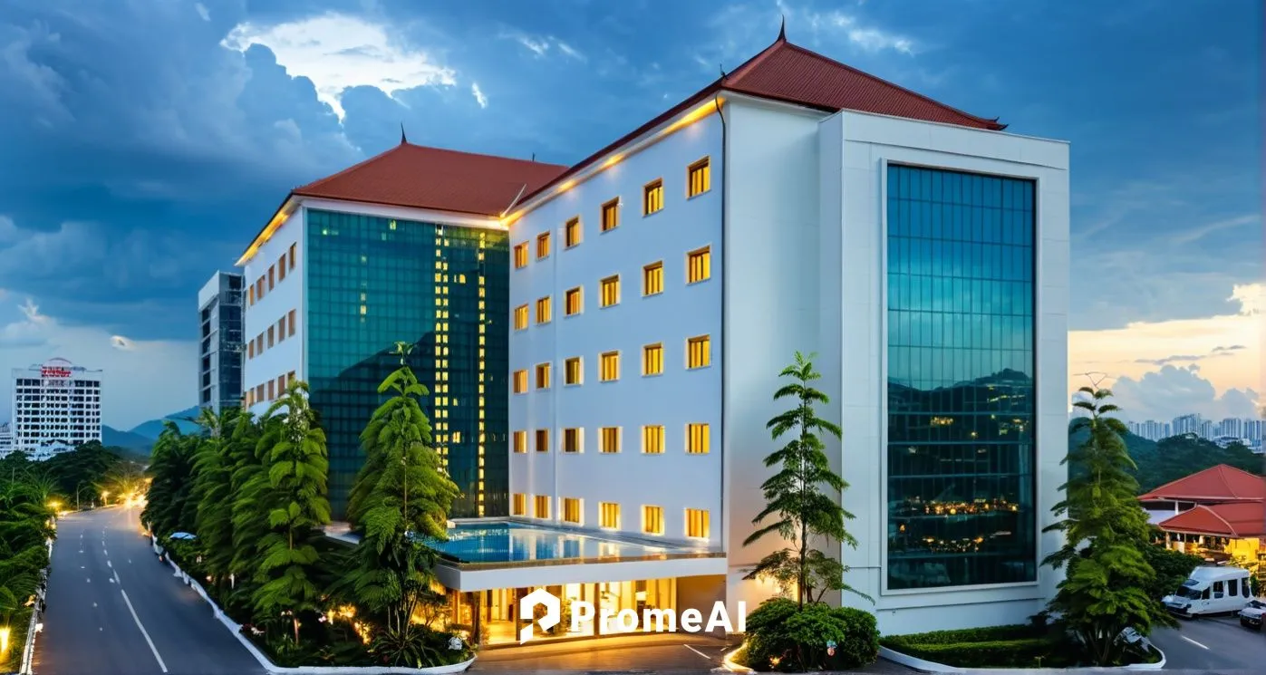 hotel modern dengan bukaan jendela besar, tanaman disekitar hotel, jalan raya yang padat, dan mode sore hari,ratulangi,pekanbaru,brawijaya,trivandrum,trisakti,sandakan,bandaraya,penh,yayasan,batam,bal