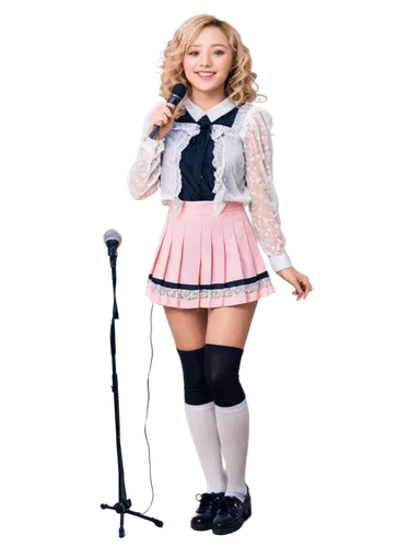 Pixiv girl, Japanese idol, sweet smile, big brown eyes, curly blonde hair, pink lipstick, sparkly eyelashes, lace blouse, short pleated skirt, white knee-high socks, black Mary Janes, holding micropho