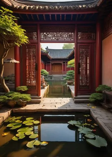 asian architecture,hyang garden,lotus pond,teahouse,lily pond,japanese garden ornament,dojo,qingcheng,suzhou,shuozhou,courtyard,garden pond,chaozhou,buddhist temple,wudang,qibao,soochow,heian,zen garden,courtyards,Illustration,Paper based,Paper Based 10