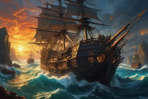 maelstrom,galleon,fireships,caravel,pirate ship,sea sailing ship,Illustration,Realistic Fantasy,Realistic Fantasy 03