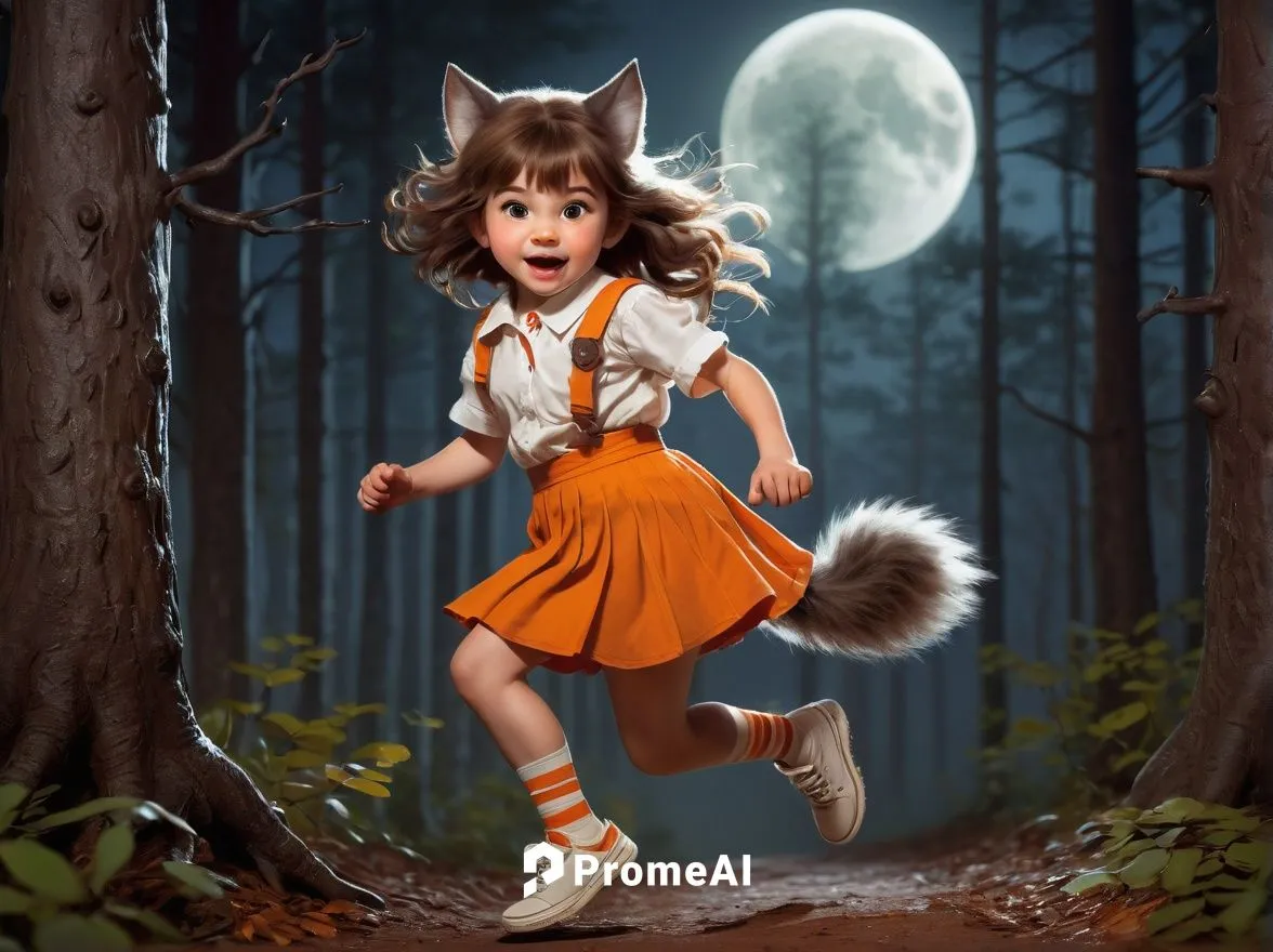 Chibi werewolf, little girl, full moon, night, forest, trees, mist, wolf ears, tail, claws, cute face, big eyes, freckles, messy brown hair, white shirt, orange skirt, striped socks, sneakers, running