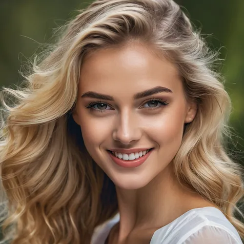 The image features a beautiful young woman with long blonde hair, wearing a white shirt. She is looking at the camera with a smile on her face, showcasing her natural beauty. The woman's hair is style