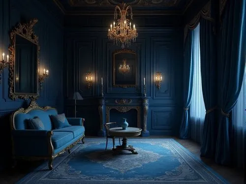 blue room,ornate room,victorian room,chambre,blue lamp,bedroom,ritzau,rococo,royal interior,danish room,baroque,bellocchio,bedchamber,great room,enfilade,sleeping room,soir,royale,lebleu,royal blue,Photography,General,Realistic