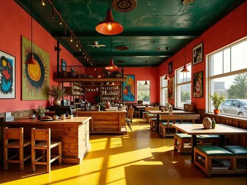 Vibrant restaurant interior, expressionist art style, bold color palette, warm golden lighting, rich wood accents, eclectic furniture, abstract artwork, geometric patterns, bright coral walls, deep tu