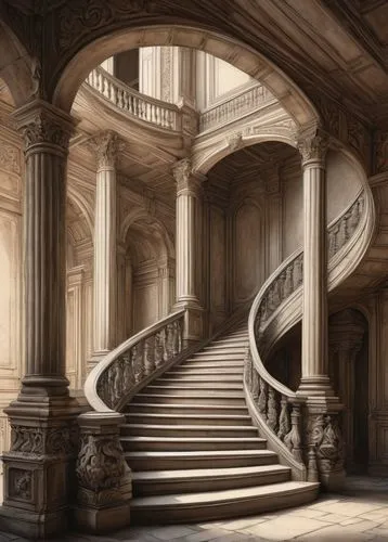 staircase,winding staircase,outside staircase,staircases,circular staircase,stairway,stairways,spiral staircase,stair,stairs,winding steps,newel,stairwell,stone stairway,stairwells,banister,escalera,cochere,stone stairs,neoclassical,Illustration,Realistic Fantasy,Realistic Fantasy 25