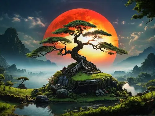 fantasy picture,the japanese tree,landscape background,nature background,cartoon video game background,celtic tree,Photography,General,Fantasy