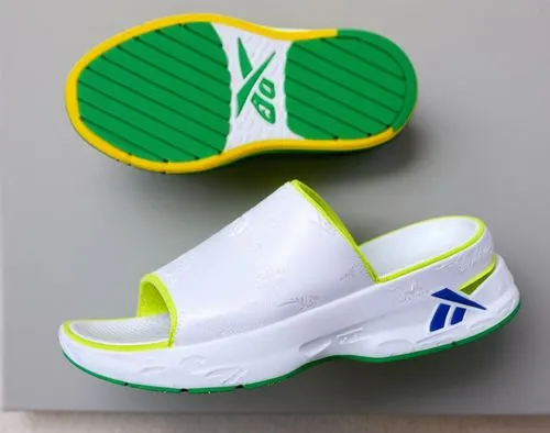 Open toe EVA material slide, white embossed Reebok logo, black with green, blue, magenta, and yellow 
accents color scheme ,EVA slide ,tennis shoe,footjoy,leprechaun shoes,thunders,yonex,crossair,Illu