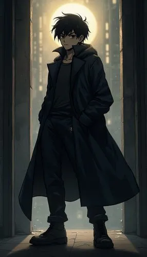 a guy in a long black coat standing outside,kurogane,teito,jubei,masaji,heiji,saiyuki