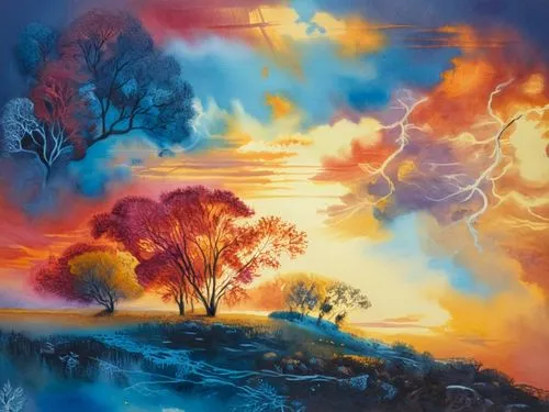 a painting shows a landscape with trees and a cloudy sky,autumn landscape,colorful tree of life,forest landscape,oil painting on canvas,rural landscape,landscape background,Illustration,Paper based,Pa