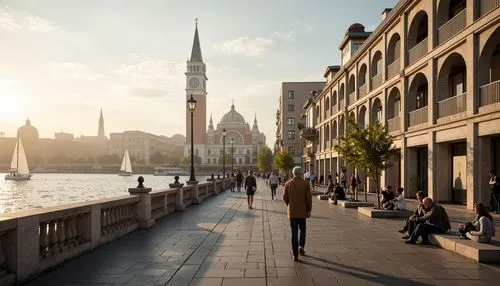 Riverfront promenade, ornate balustrades, grandiose columns, symmetrical facades, classical arches, elegant cornices, limestone buildings, majestic clock towers, tranquil water reflections, sailboats,