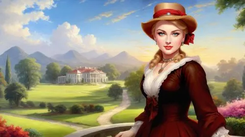 Romantic masterpiece oil painting, beautiful curvy busty woman portrait, silk dress, southern belle, nostalgic 1950's style kitsch, breathtaking beautiful epic vast southern plantation landscape, maje