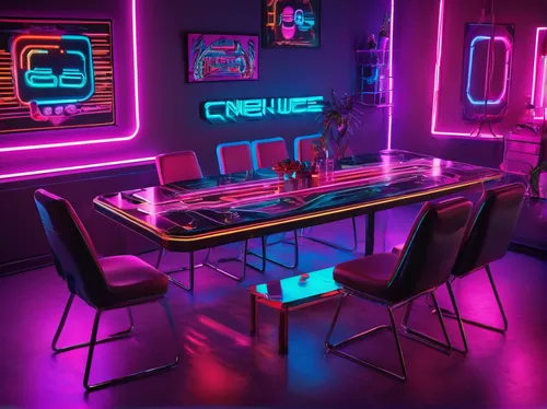 neon coffee,game room,ufo interior,neon cocktails,retro diner,80's design,neon lights,neon drinks,neon arrows,computer room,neon,neon light,80s,cyberpunk,neon human resources,desk,neon colors,neon light drinks,nightclub,creative office,Conceptual Art,Sci-Fi,Sci-Fi 27