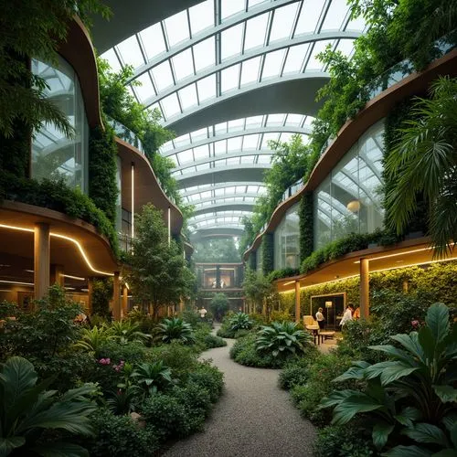 Vibrant botanical gardens, lush green walls, tropical plants, misty atmosphere, warm natural lighting, organic curves, futuristic architecture, translucent glass roofs, hydroponic systems, aeroponic s