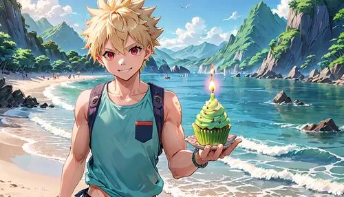 one man with spiky blonde hair and red eyes who looks like Bakugou with clear skin, dressed in swim trunks, in his right hand holding a single small green cupcake with one tiny birthday candle on top 