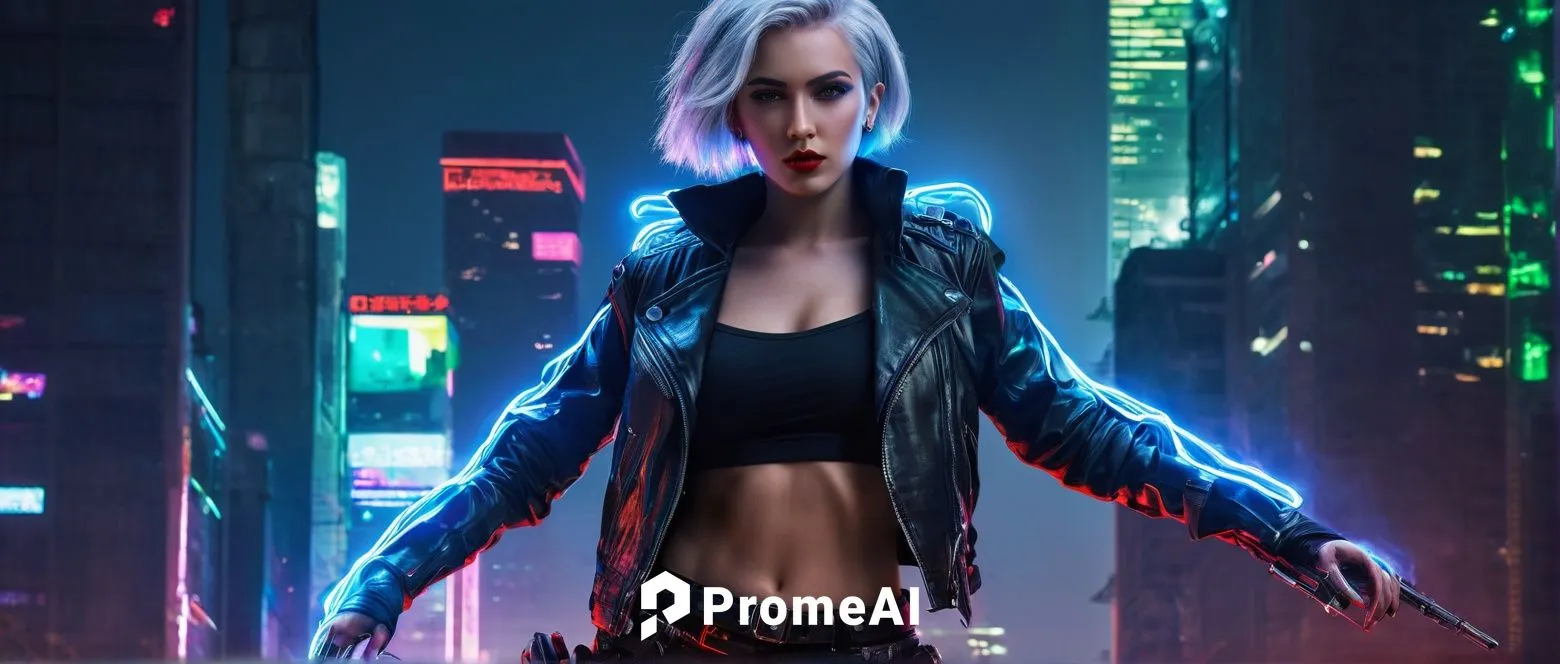 Aia Axa, futuristic cyborg, female, athletic build, metallic limbs, glowing blue circuits, short silver hair, piercing green eyes, bold eyebrows, red lipstick, black leather jacket, torn jeans, heavy 