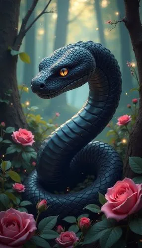 a beautiful black and shiny snake with big cunning eyes in a deep forest on a background of bright flowers, weaving black roses, sequins, bokeh, fabulous forest,the black snake is surrounded by pink r